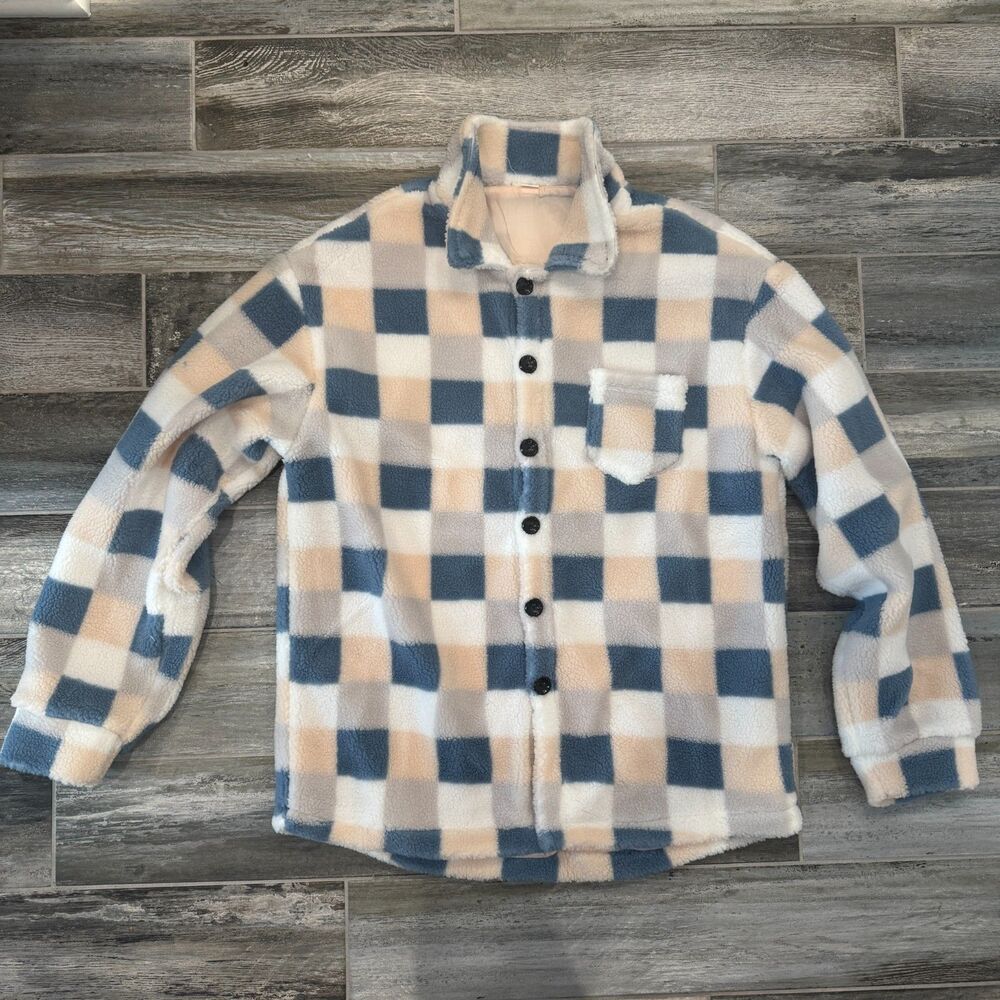 Teddy Like Flannel Soft Cozy Plaid Shirt Jacket Blue Beige White Warm Unisex M